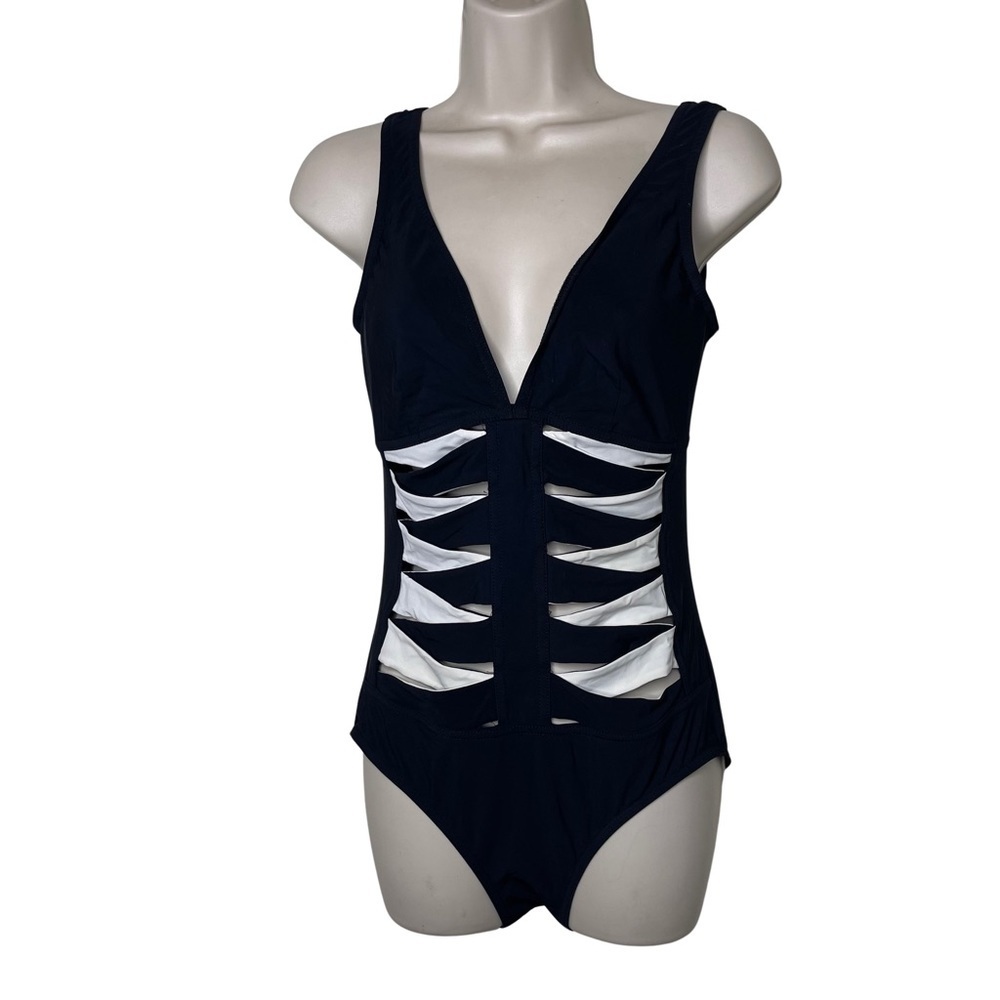 Karla Colletto Black White cutout front low back one piece swimwear sz 12